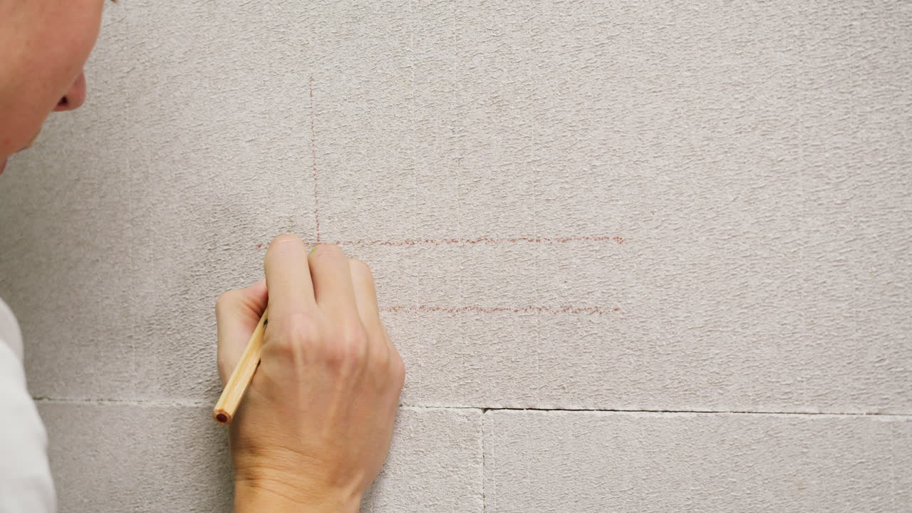 Primo piano di mani che segnano un muro con una livella a bolla
