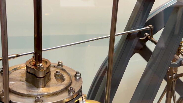Primo piano di un meccanismo a pistone di un motore a vapore d'epoca in movimento