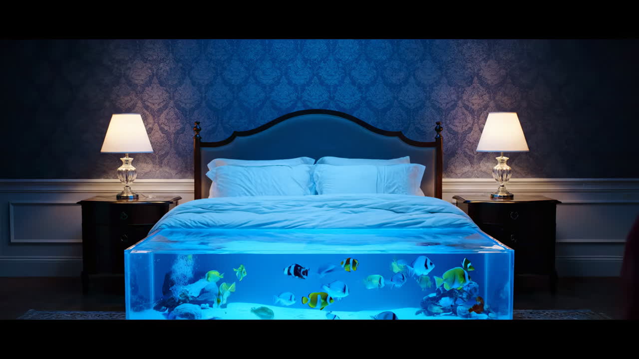 Aquarium bed in bedroom design. A woman in a red dress walks past a bed with a clear aquarium. Colorful fish swim under a striking blue light