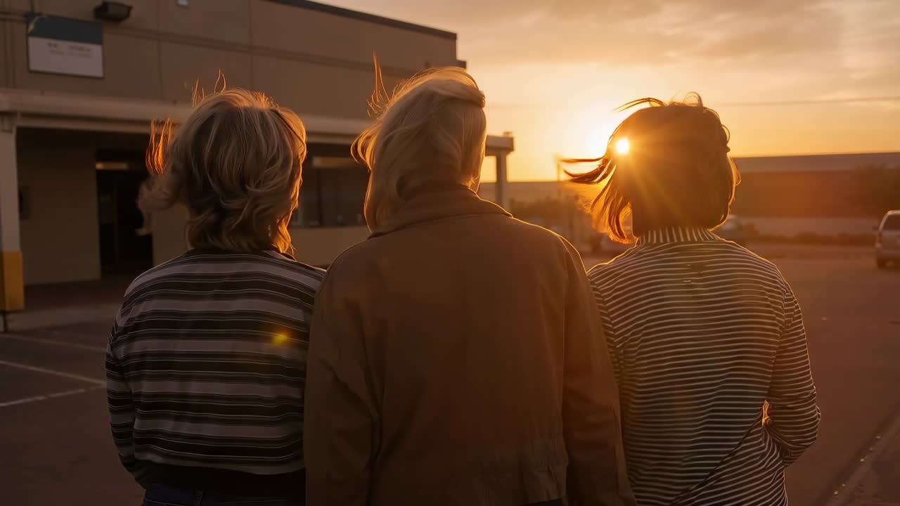 Tre adolescenti camminano, indossando maglie a righe e una giacca color cuoio; il tramonto li attira attraverso un piazzale, con un effetto flare.