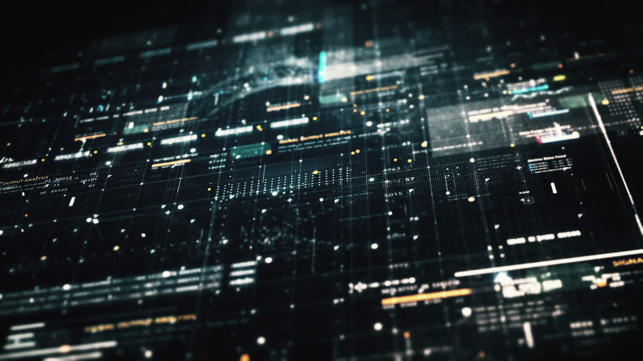 matriz de datos avanzada, telemetría y cifrado de números simulación de interfaz de usuario visualización en el ciberespacio abstracto entorno de desenfoco de fondo