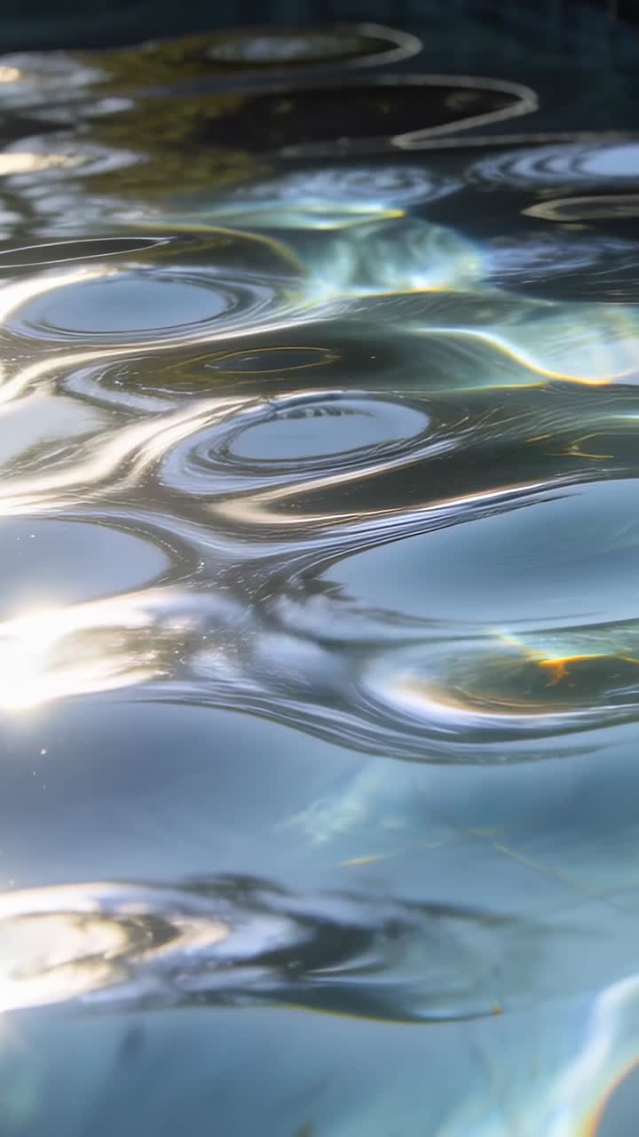 Vertical video: Rippling pool surface showing ripples near dark edge, sun causing rainbow glints