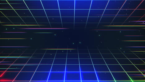 neon blue grid pattern with colorful lines in dark galaxy in 80s style