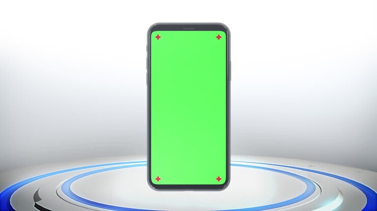 Telefono cellulare con schermo verde che si accende su sfondo tecnologico fantascientifico