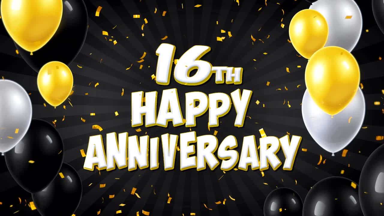 16th Happy Anniversary Black Text With Golden Confetti Falling and Glitter Particles, Colorful Flying Balloons Seamless Loop Animation for Greeting, Invitation card, Party, celebration, Festival.
