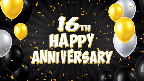 feliz 16o aniversario texto negro con confeti dorado cayendo y partículas de brillo, coloridos globos voladores animación de bucle sin fisuras para el saludo, tarjeta de invitación, fiesta, celebración, festival.