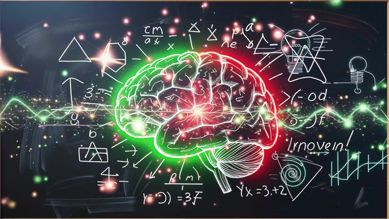Initiating neon-sketched brain pulsing on backdrop with energy wave, sparks, formulas, wooden frame