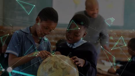 Animation-of-connections-and-triangles-over-african-american-pupils-with-globe-at-school