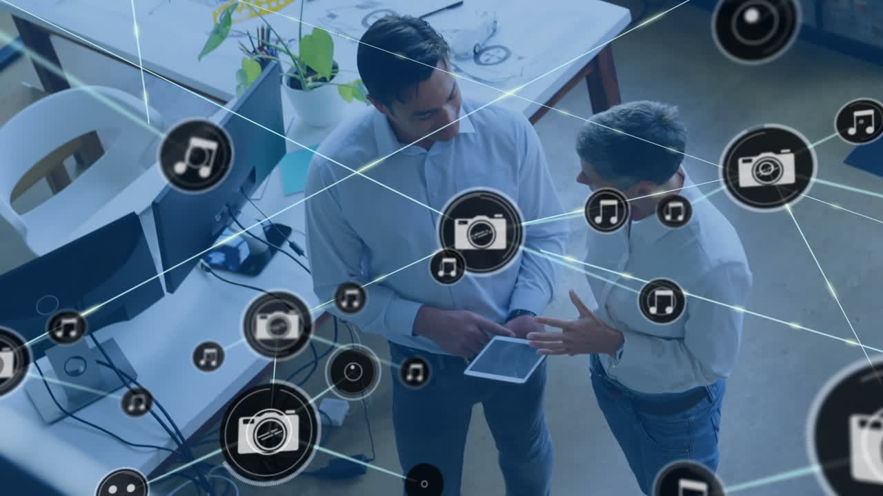 Animation of network of connections over diverse business people in office