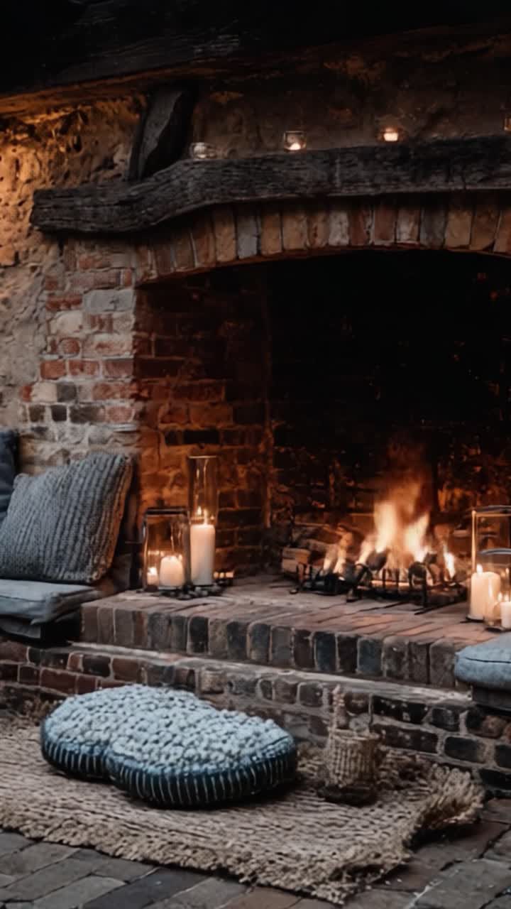 Scena accogliente di camino interno con tessuti morbidi e fiamme tremolanti, che crea un'atmosfera calda e invitante per il relax e gli incontri.