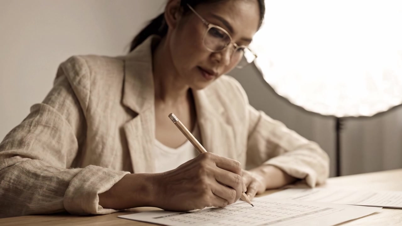 Mujer concentrada escribiendo diligentemente en papel con un lápiz, destacando la creatividad y la concentración en un espacio de trabajo sereno iluminado con luz suave