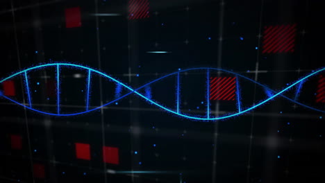 glowing blue dna helix being animated in matrix environment, featuring grid lines and particles