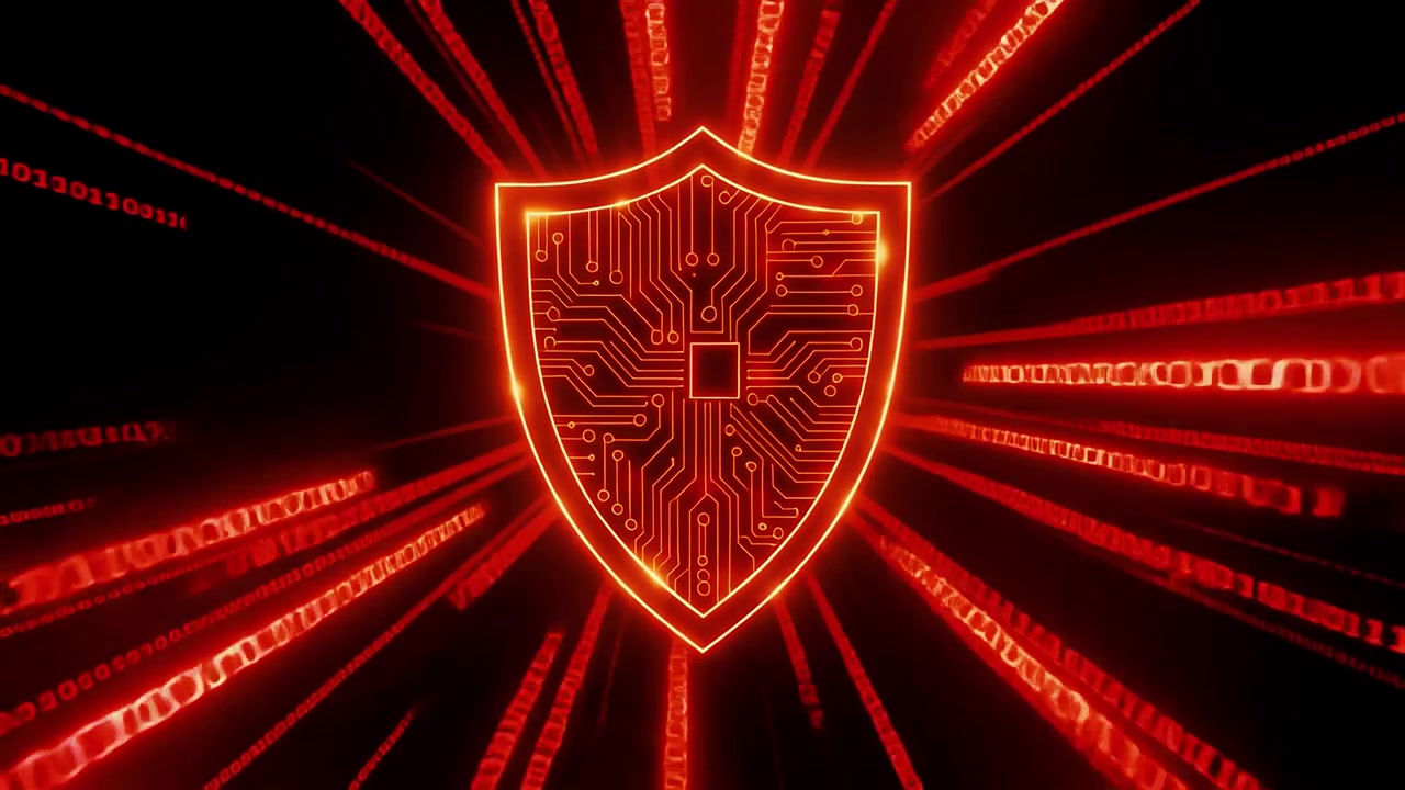 Scudo di sicurezza digitale con circuito stampato e dati binari in streaming.