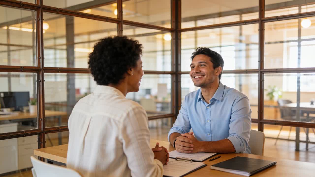Vertical video: Talking two adults in business attire starting interview at glass desk, clipboard