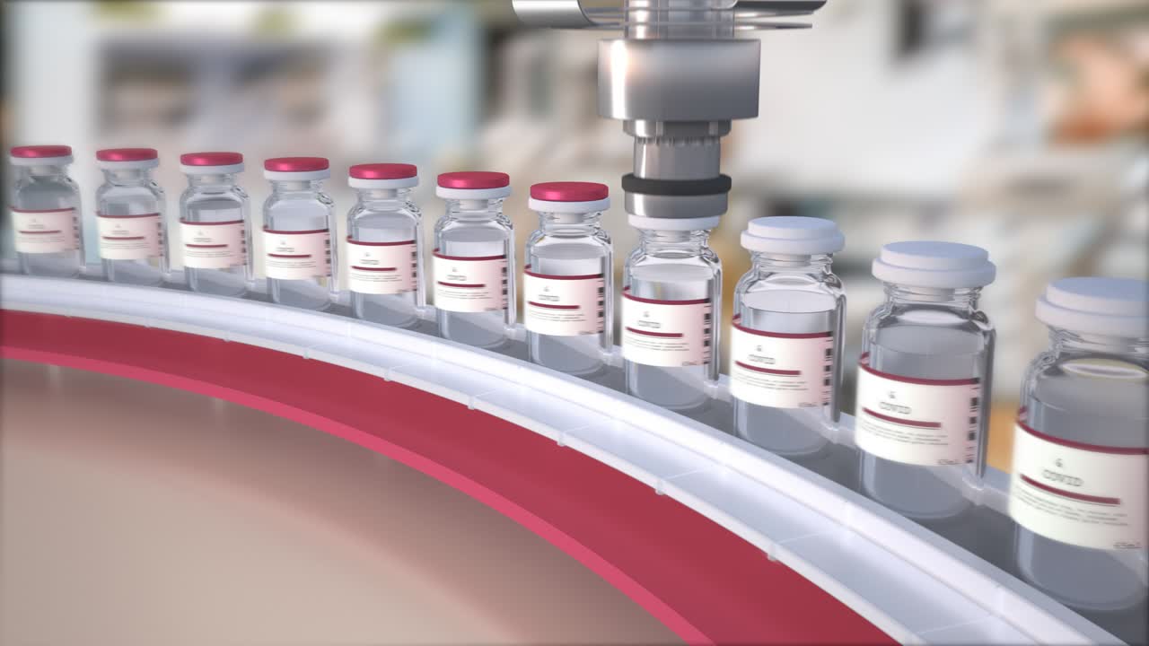 코로나바이러스 코로나19 백신의 대량 생산: 의약품 실험실에서 코로나 바이러스 백신 병을 가진 컨베이어에서 백신을 제조, 면역 및 백신을 위한 약, 루프 애니메이션