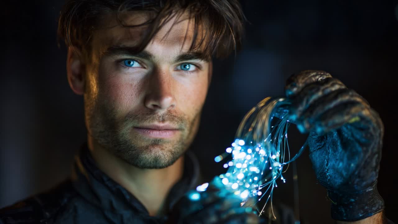A focused and intense young man with striking blue eyes holds glowing wires in an industrial setting, showcasing creativity and craftsmanship while emphasizing the intricate details of his work