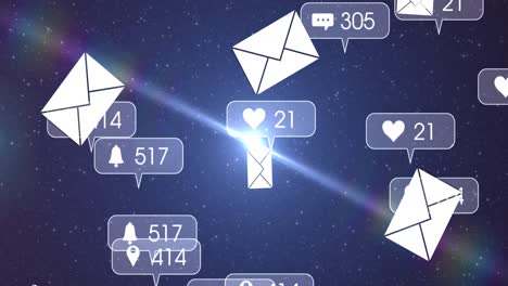 animation of online digital envelope icons and speech bubbles over night sky