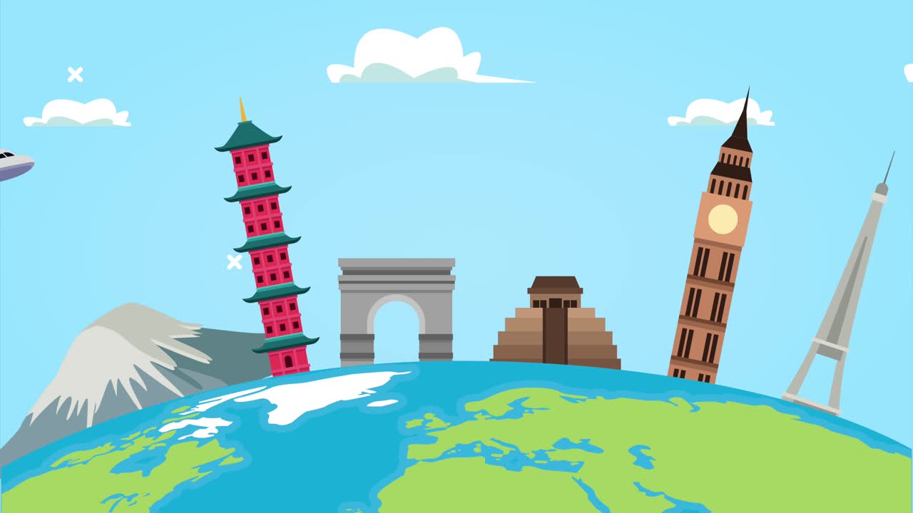 기념물과 지구 행성에서 비행하는 비행기를 가진 세계 관광 애니메이션