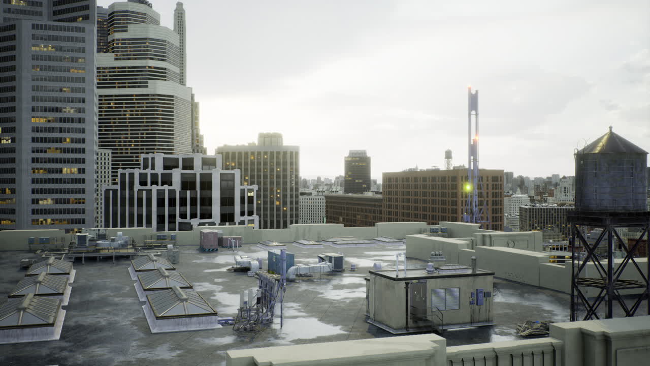 City skyline view from a rooftop during twilight hour with urban structures