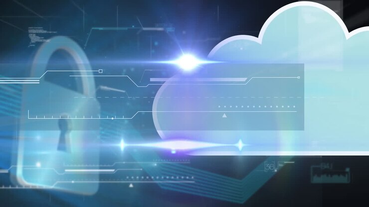 Animation of data processing over online security padlock and digital cloud
