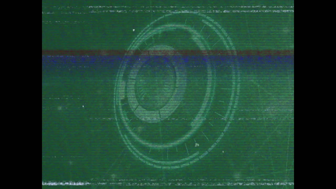 Animation of vhs effect over round scanner and network of connections against green background