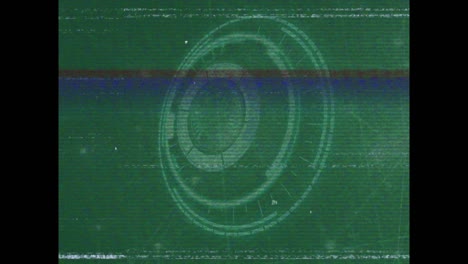 animation of vhs effect over round scanner and network of connections against green background