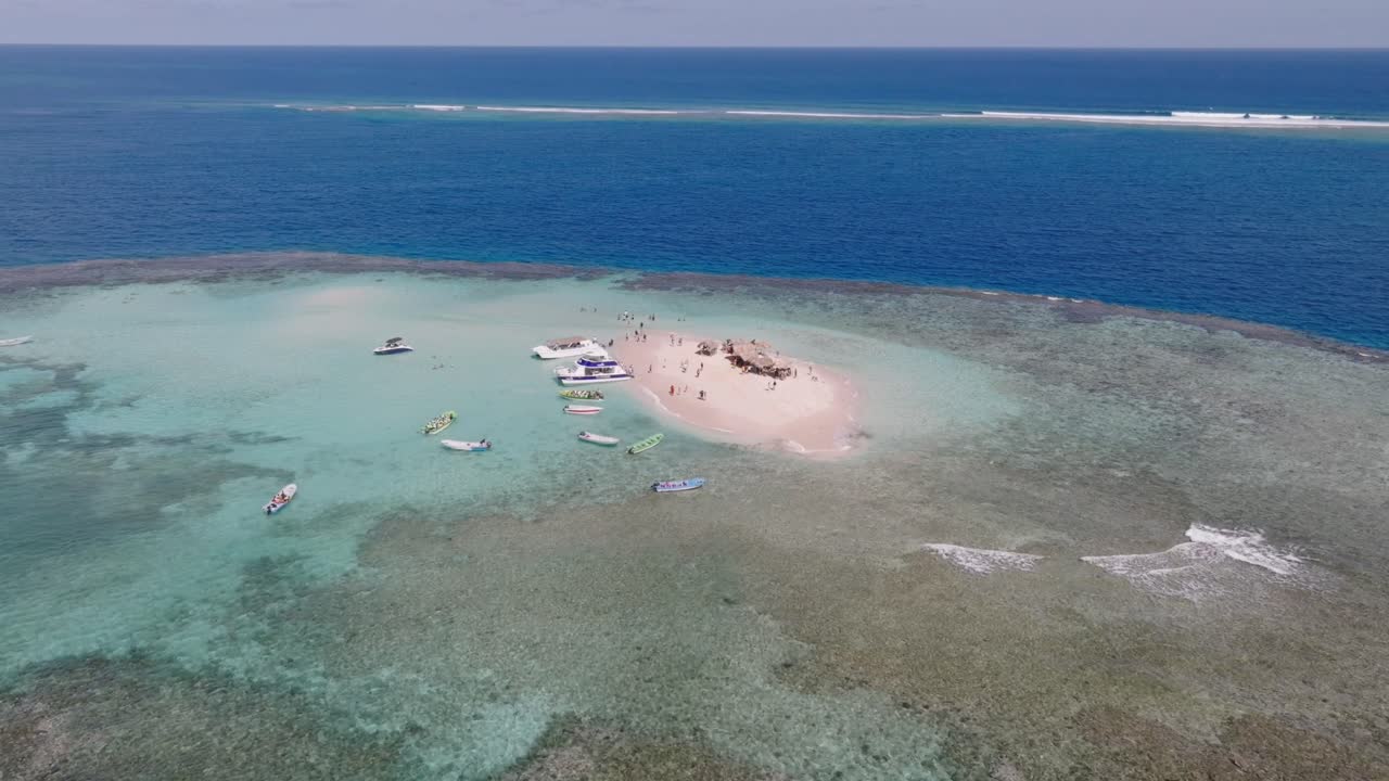 Aerial View of Cayo Arena Island, Dominican Republic, White Sand and Coral Reefs, Drone Shot