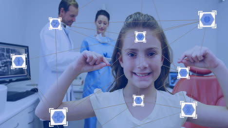 smiling girl in dental clinic with network connections and data processing animation