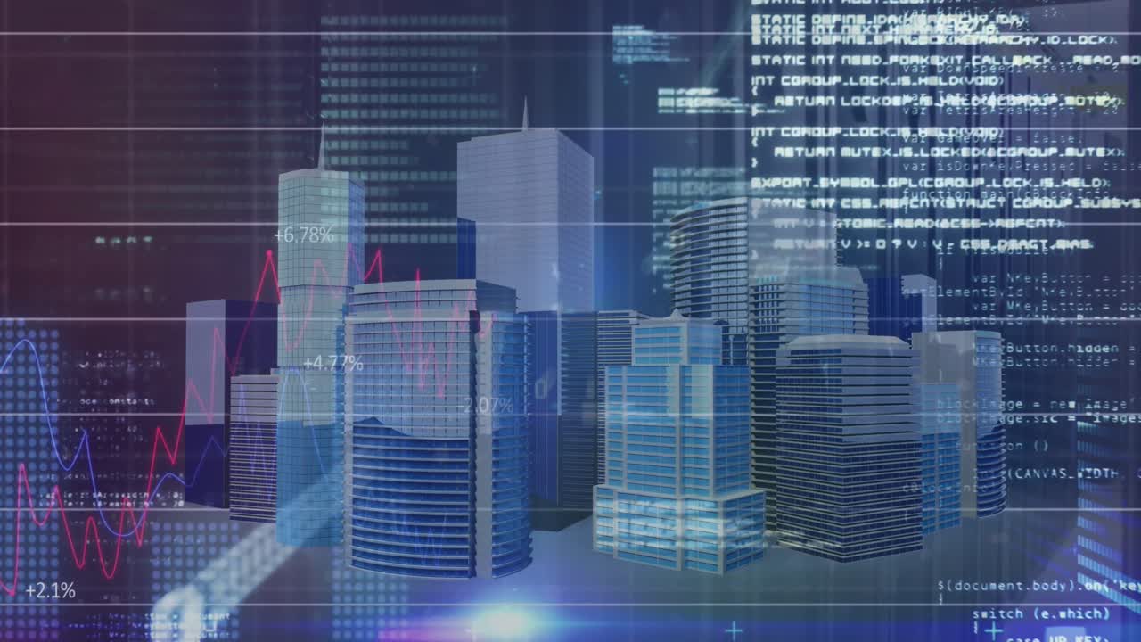 Animation of statistical data processing over 3d city model against computer server room