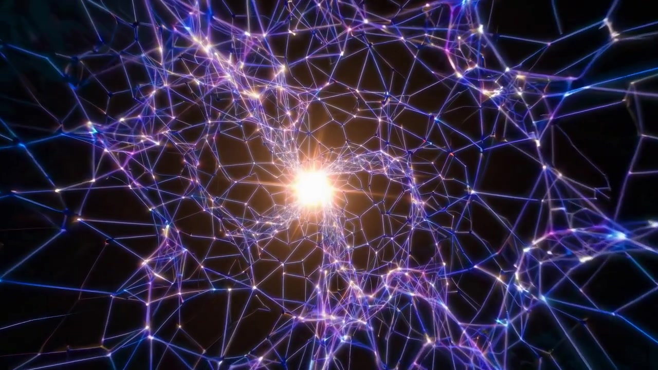 Volando attraverso un tunnel di rete digitale astratto con luce brillante
