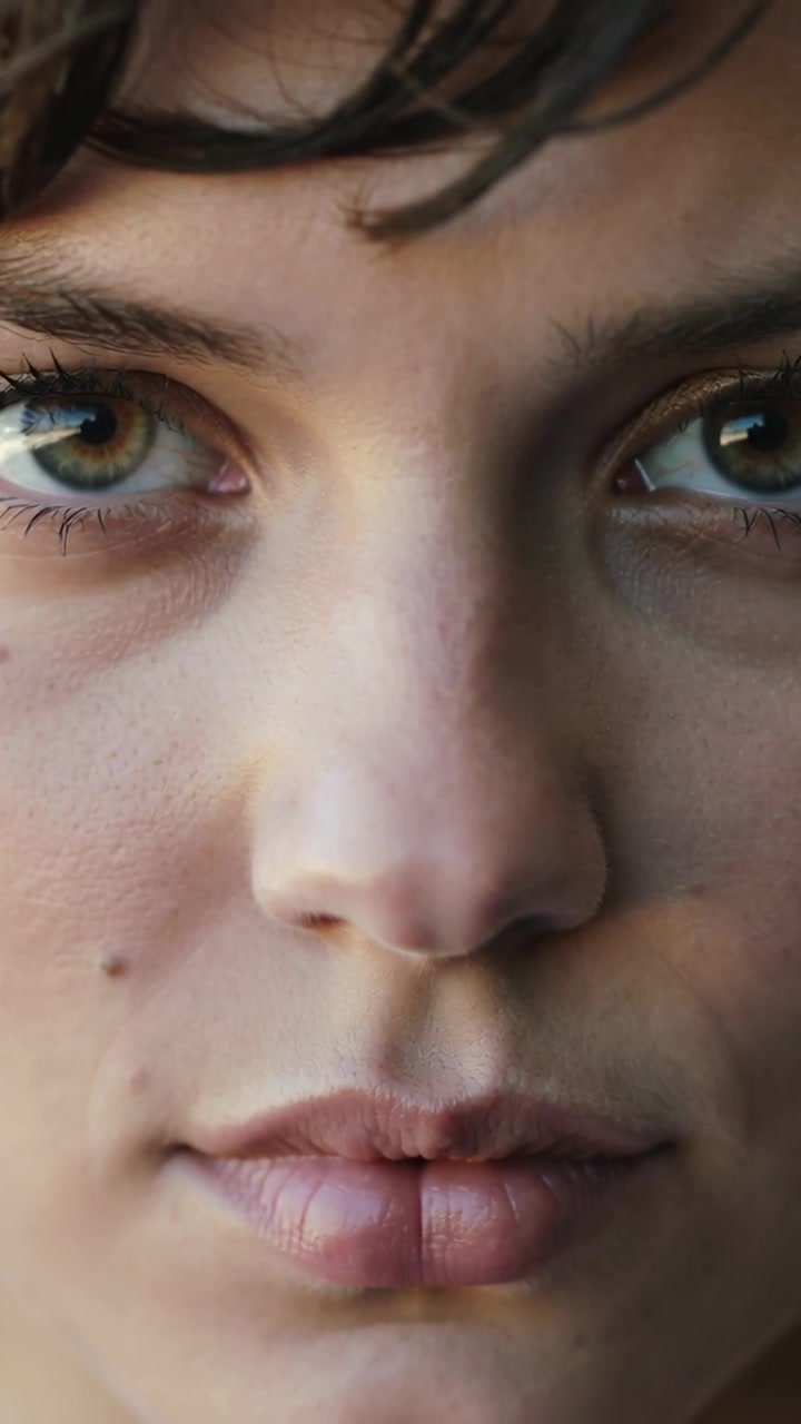 Vertical video: Camera capturing woman holding gaze in close-up, loose hair strand, portrait study