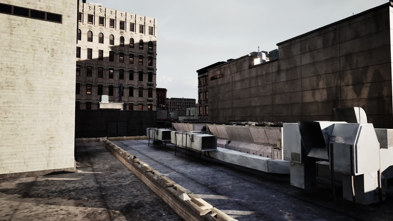 환기 시스템과 함께 도시 지붕 장면