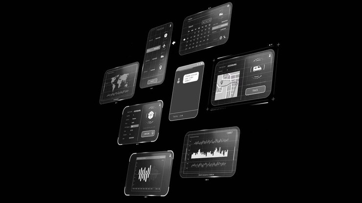 Animation of data processing on screens over black background