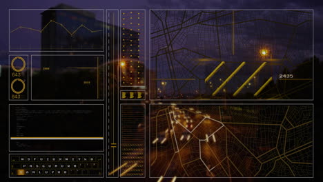 animation of digital data processing over cityscape