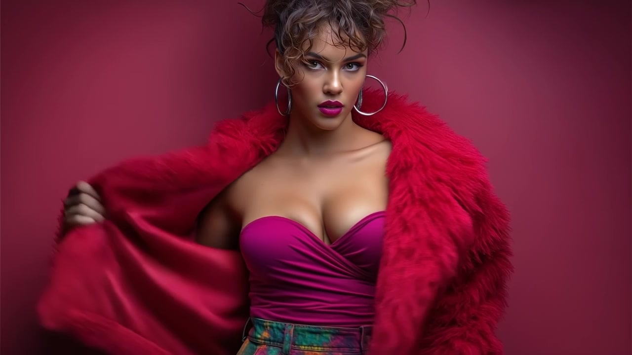 Young woman in a red faux fur coat and pink top posing against a matching studio background