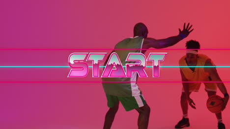animación de texto de inicio y líneas de neón sobre jugadores de baloncesto en fondo de neón.