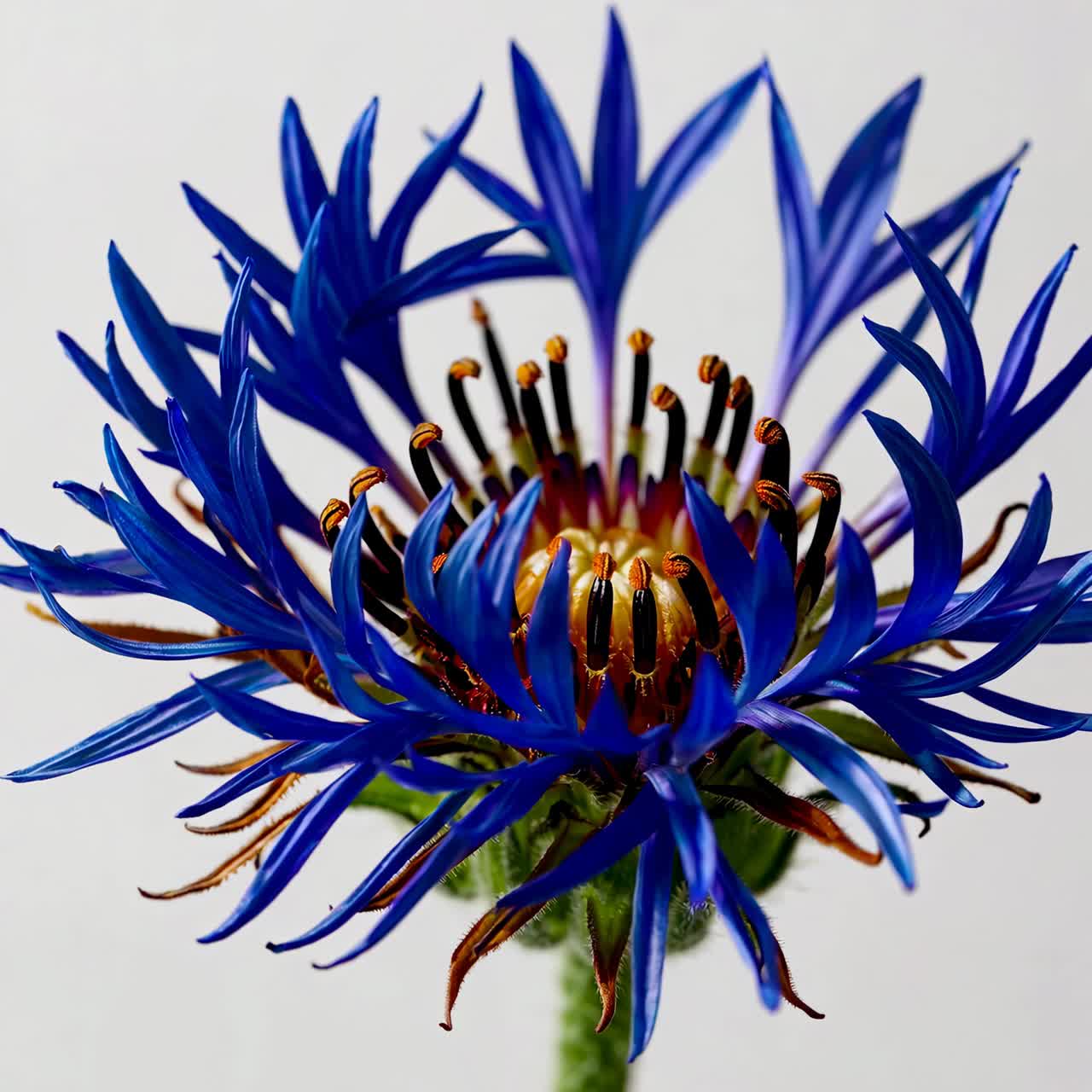 Close-up of a vibrant blue flower against a plain background, captured from a low angle