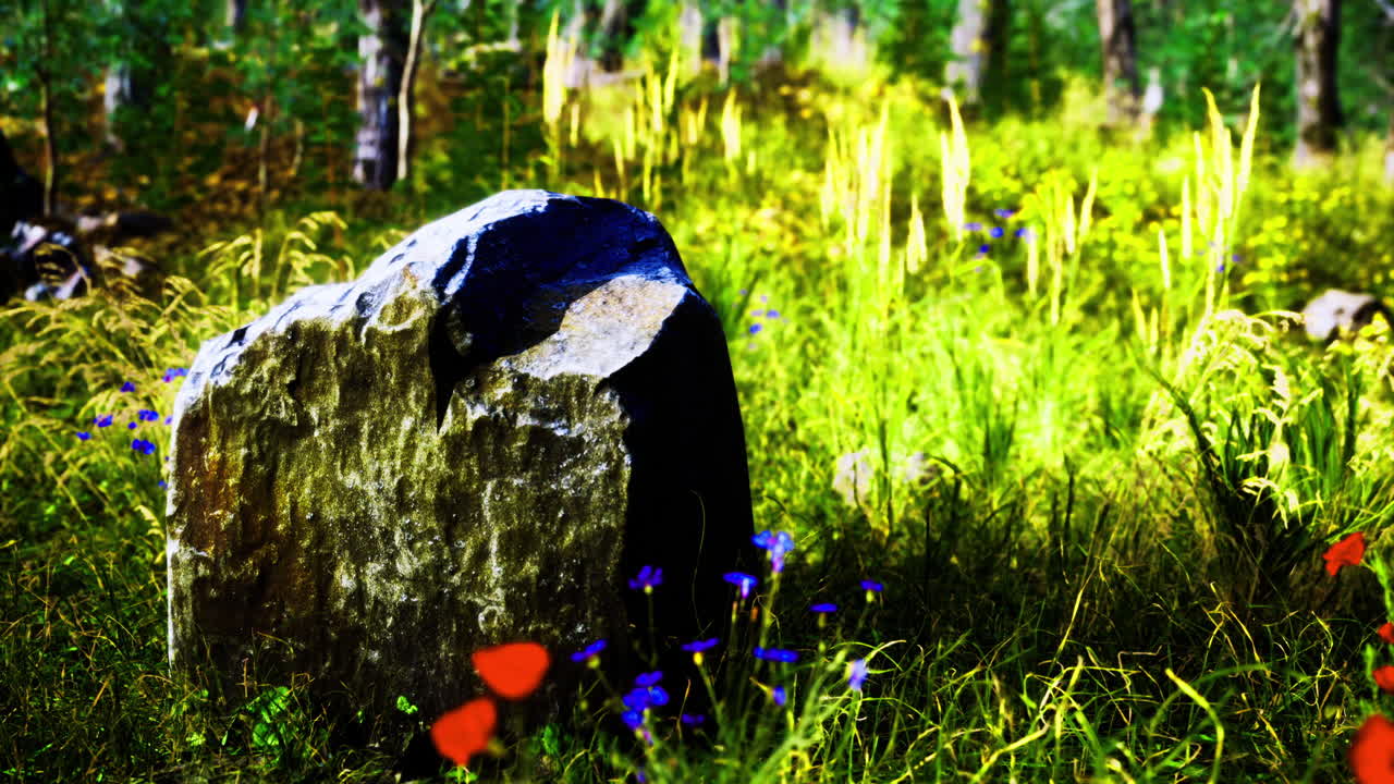 Large rock surrounded by colorful wildflowers in a lush forest setting