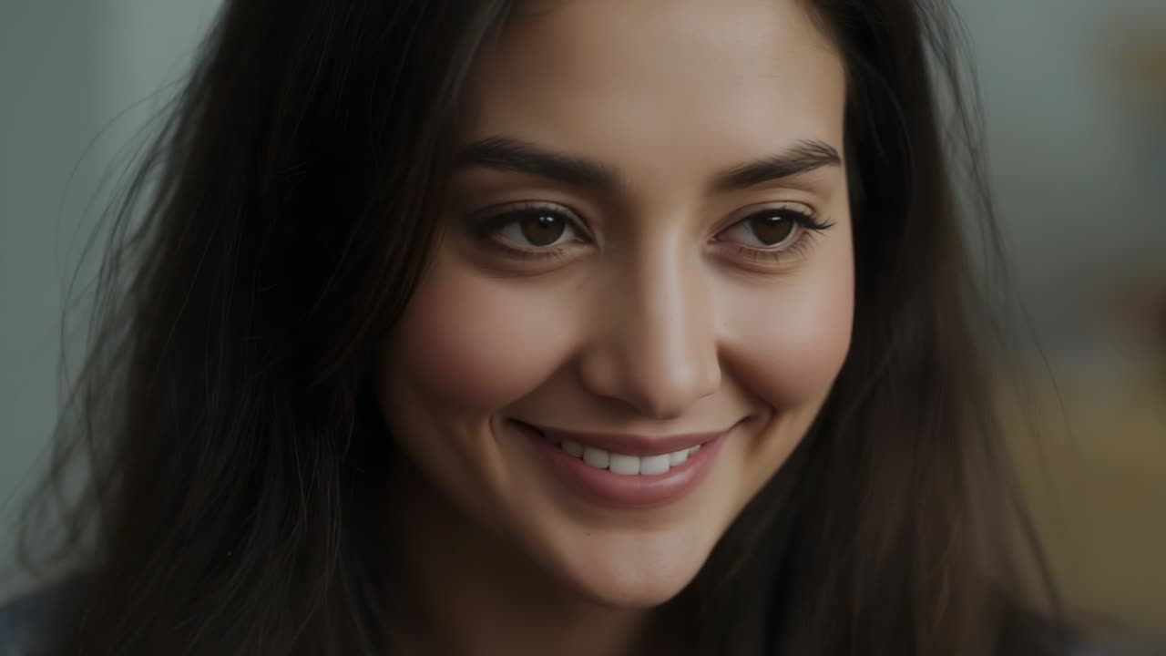 Glancing woman spotting off-frame person, widening eyes smiling toward camera at home, stud earring