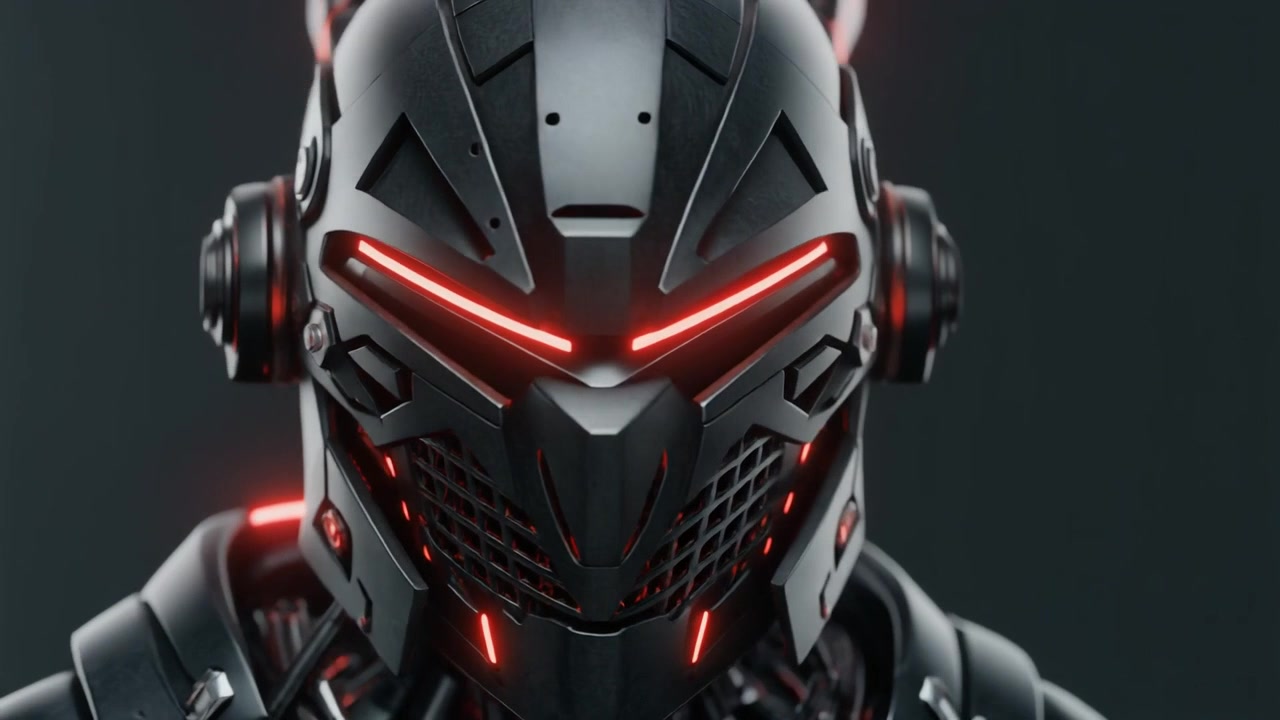 Detailní záběr futuristické černé robotické hlavy se zářícími červenými světly.