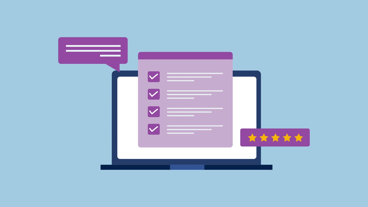 Animated Laptop Displaying Checklist and Five Star Rating