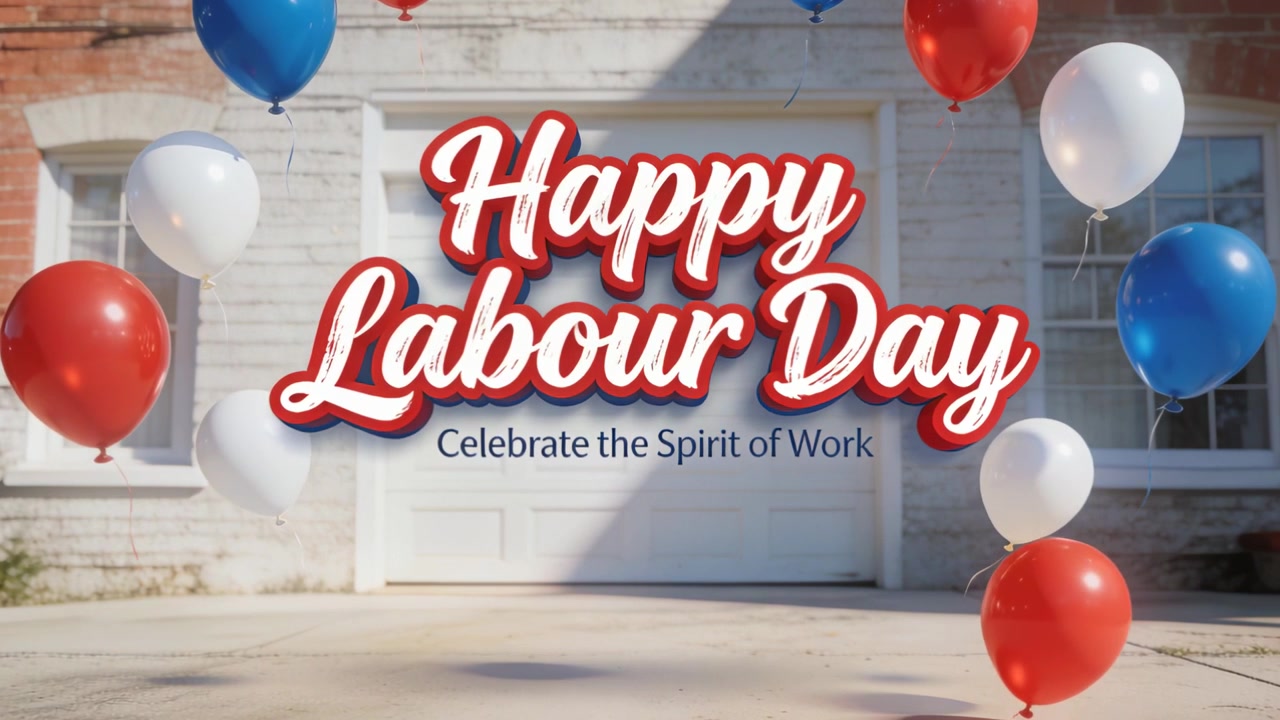 Palloncini galleggianti che fluttuano intorno a un augurio centrato di "Buona Festa del Lavoro" nel vialetto, sollevati dalla brezza.
