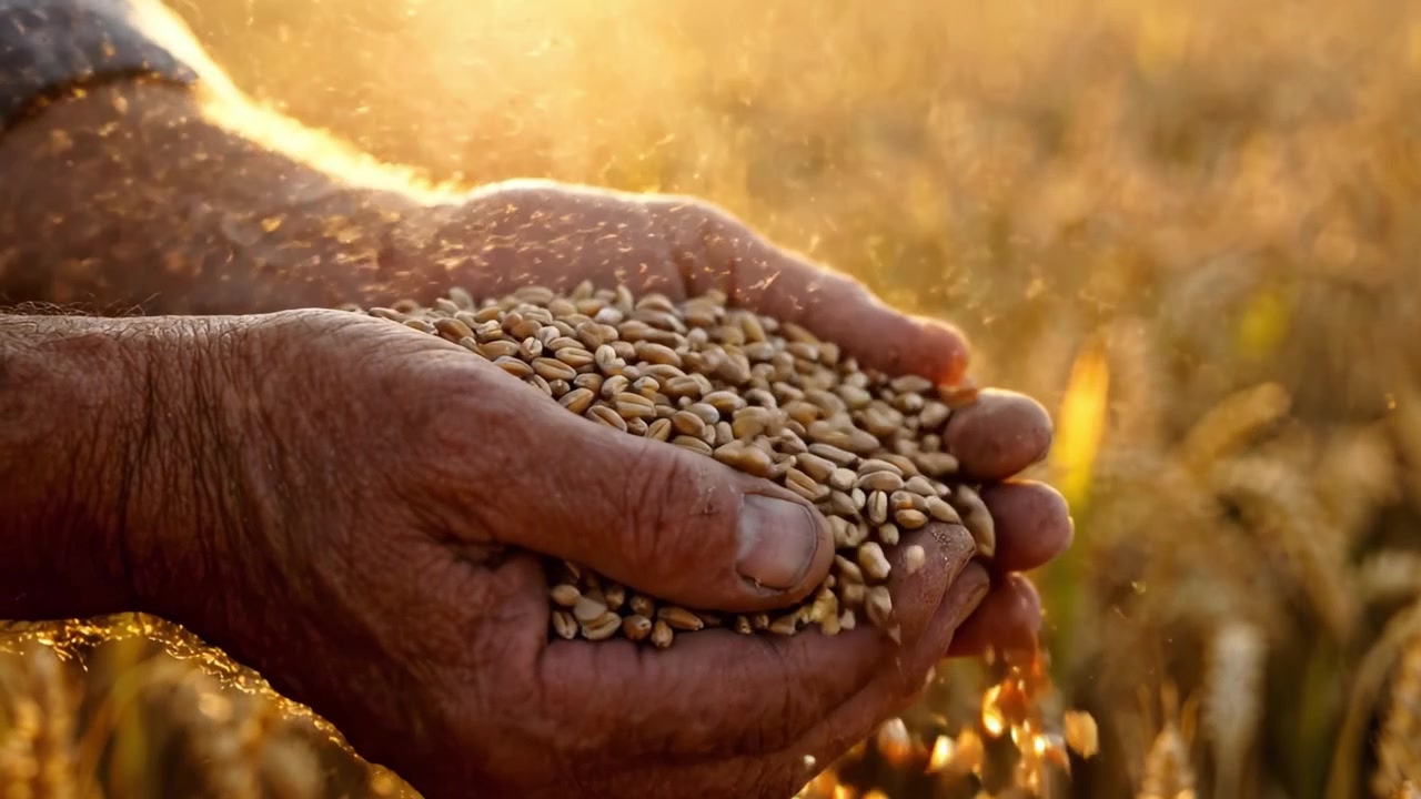 Colheita de Grãos Dourados: Um Close-Up de Mãos Segurando Generosamente Sementes de Trigo em Meio a um Campo Exuberante Banhado pela Luz Quente do Sol