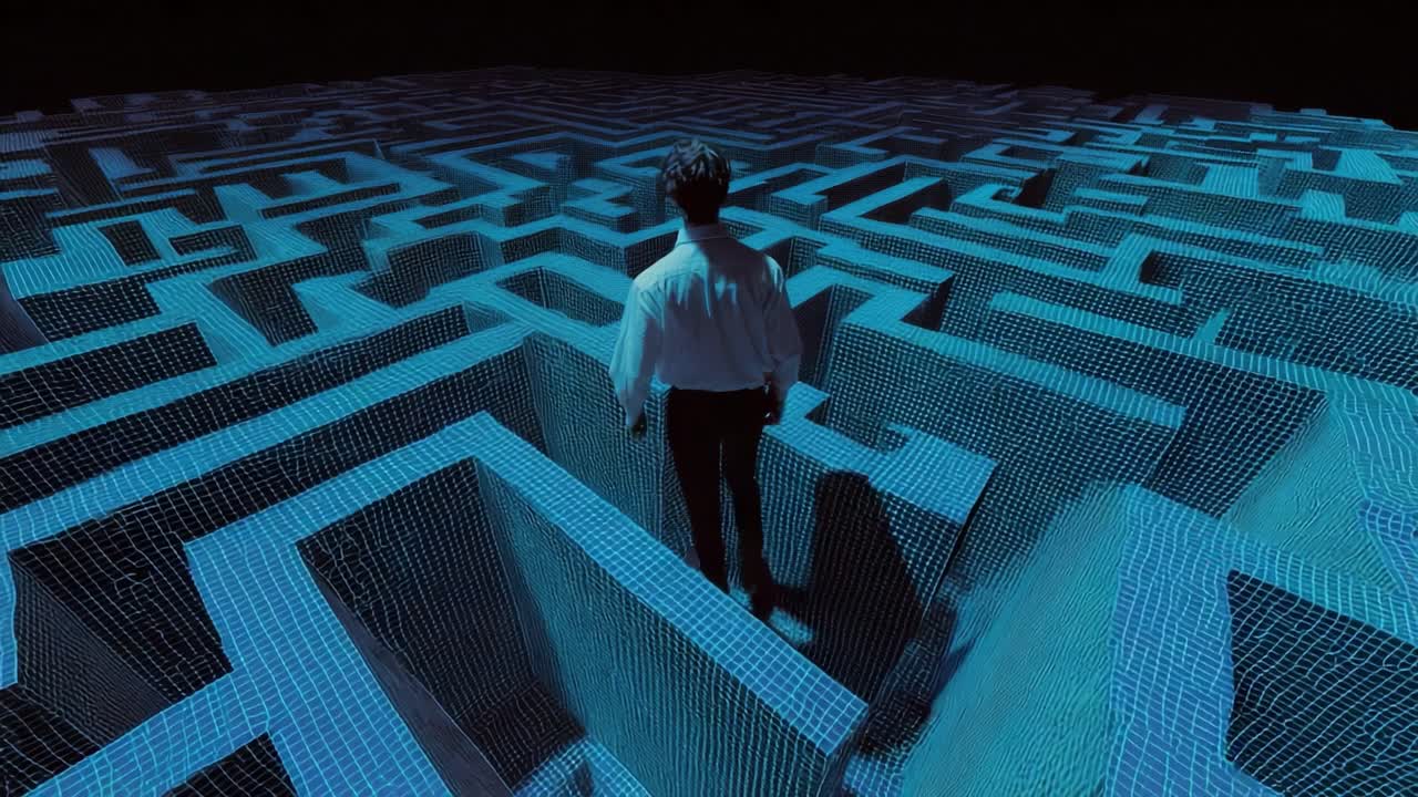 A lone figure navigates a digital maze, represented by glowing blue grid lines, embodying the complexities of decision-making and the journey through challenges within an abstract virtual landscape