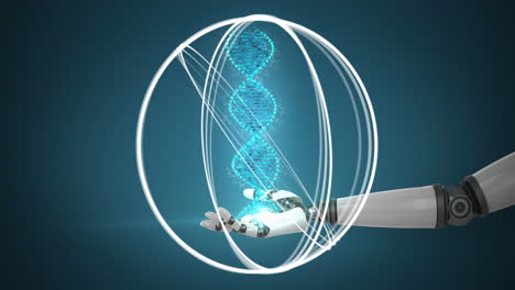 animación de la hebra de adn y círculos blancos sobre el brazo del robot