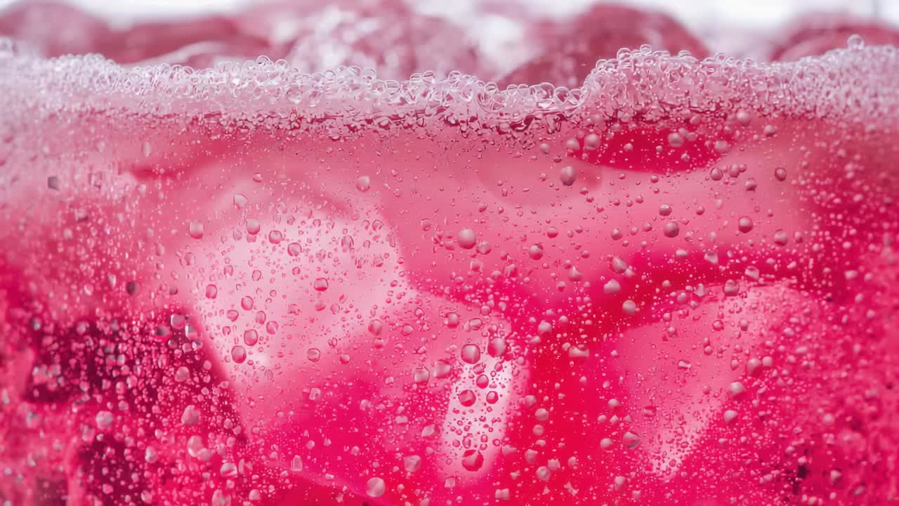 Nucleazione di anidride carbonica sui cubetti di ghiaccio in un bicchiere trasparente, bolle che salgono su un tavolo da studio, schiuma rosa della bevanda