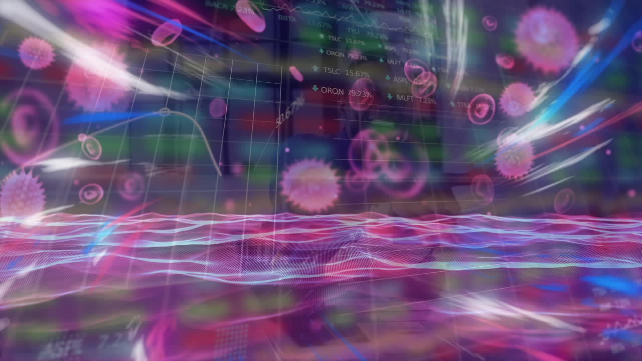 animación de ondas digitales púrpuras y células covid-19 contra el procesamiento de datos del mercado de valores.