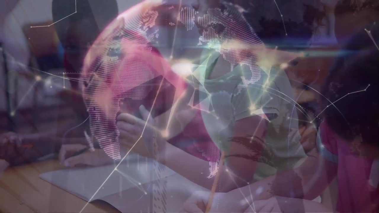 Animation of network of connections over diverse schoolchildren and globe