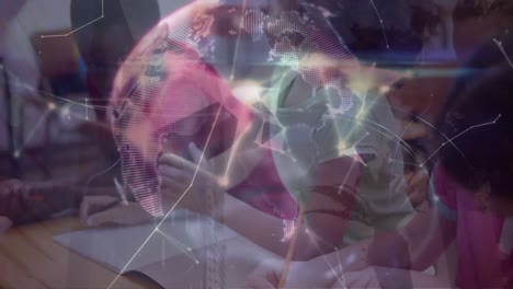Animation-of-network-of-connections-over-diverse-schoolchildren-and-globe