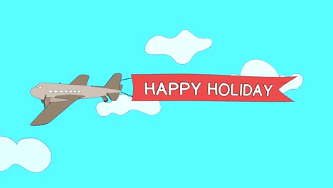 el avión está pasando a través de las nubes con el estandarte "feliz vacaciones" - bucle sin costuras